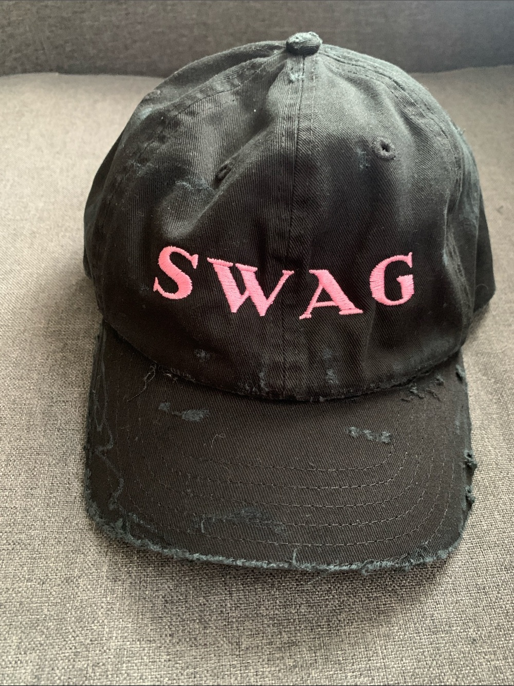 Justin Bieber Skylrk Black Distressed Baseball Hat with Pink "SWAG" Embroidery